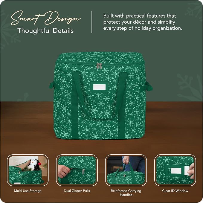 Covermates Keepsakes Treasurekeeper Storage Bag - Carrying Handles, ID Window - Holiday Storage, Green Snowflake