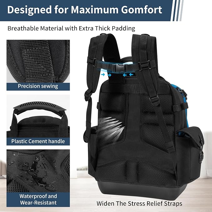 BLISSWILL Tool Bag Backpack for men,Heavy Duty Tool Backpack Bag with Waterproof Molded Base，62 Pockets/40 Loops Heavy Duty Tools Organizer Bags/Electrician/Industrial/Construction Work Backpack