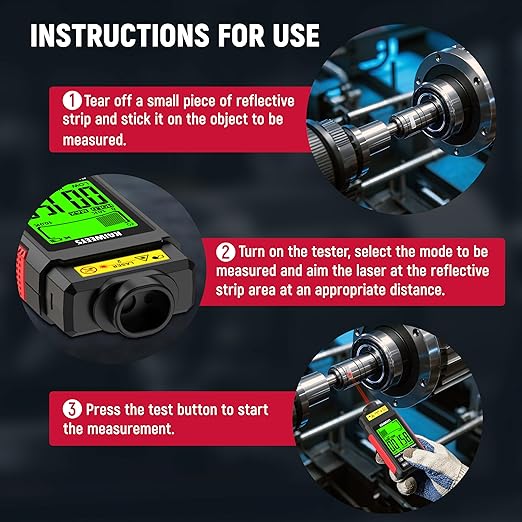 KAIWEETS Non Contact RPM Tachometer with Reflection Tape, 10-99999 RPM High Accuracy Laser Digital Tachometer with Large LCD, RPM Meter with Backlight, Data Hold, and Max/Min/AVG Function