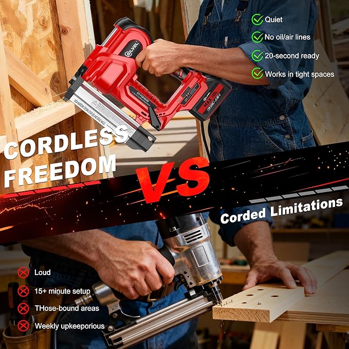 SILVEL 2" Cordless Brad Nailer, 2-in-1 21V Electric Brad Nailer with 2 * 2.0Ah Battery, 1000pcs Nails, 18GA Staples, Adjustable Depth for Woodworking, Home Improvement, Red