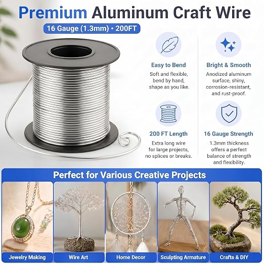 Therwen 200ft 16 Gauge Stainless Steel Wire for Gardening, Electroculture, Bonsai, Jewelry Making Beading DIY Craft Pure Bare Stainless Steel Wire Spool