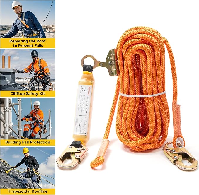 Fall Protection Safety Rope 100FT Roofing Harness Safety Lanyard Tree Climbing Line Kit with Alloy Steel Grab Snap Hooks Shock Absorber Heavy Duty Roof Safety Equipment ANSI CE