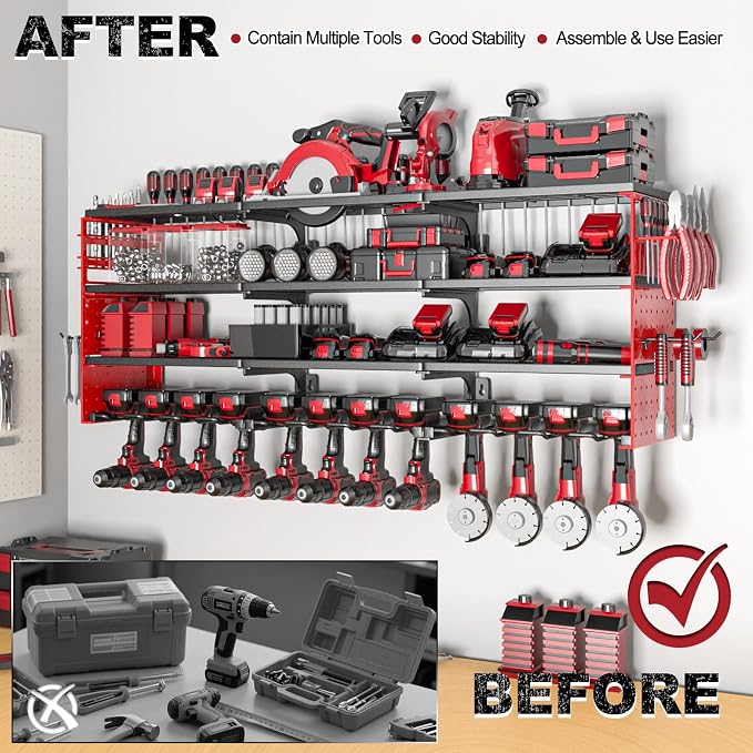 Power Tool Organizer Wall Mount, Cordless Drill Hanger Storage Rack 8 Drill Holder, 4 Layer Heavy Metal Large Capacity Tool Rack for Garage Organization (Red, 12 Drills Holder)