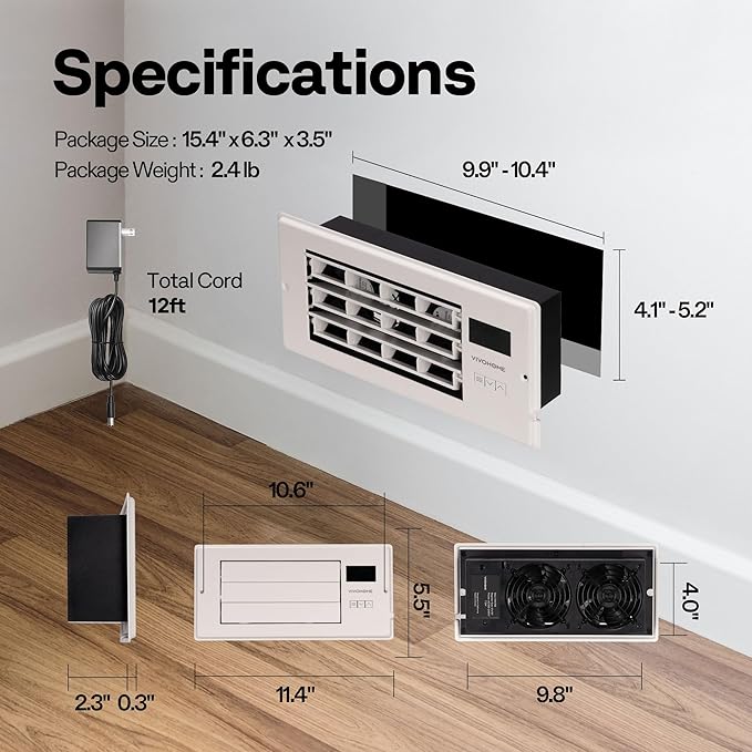 VIVOHOME Register Booster Fan - 4'' x 10'' Opening with Adjustable Louver - Smart Thermostat & 10-Speed Remote Control - AC Vent Fan for Floor, Ceiling, Wall - Quiet Operation (White)