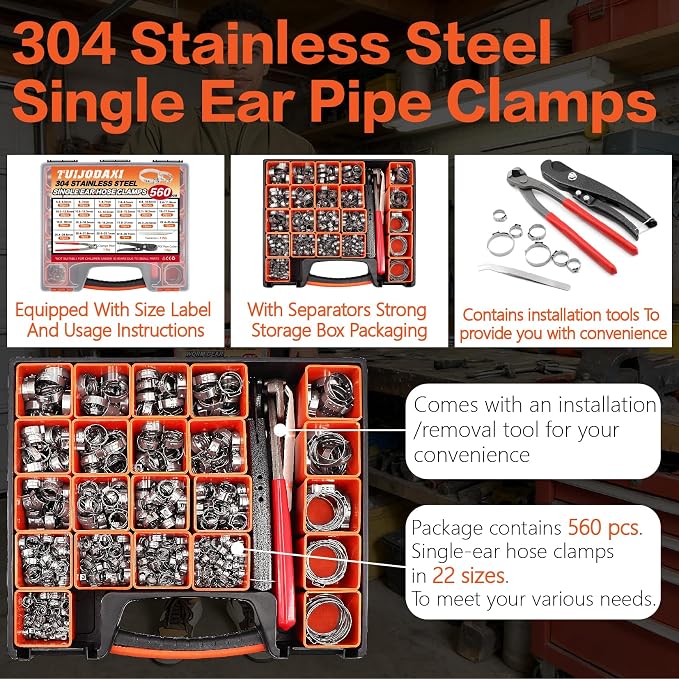 560PCS 22-Sizes Stepless Single Ear Hose Clamp Kit with Pliers, 5.3-36.1mm (~1/4"-1-3/8") 304 Stainless Steel Leak-Proof Clamps, for Automotive Fuel Line, CV Boot, PEX Pipe, HVAC & Marine