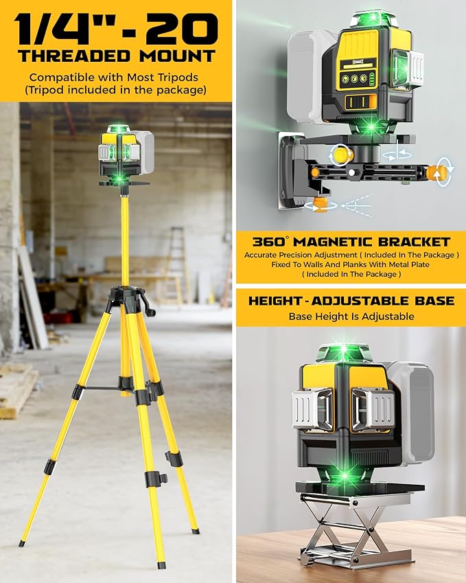 DIYtoolifz Laser Level with Tripod Compatible with DeWalt 20V Battery, 4D Green 16-Line 4x360° Self Leveling Lazer Leveler Tool for Construction, Floor Tile, Home Renovation, Indoor Use, Tool Only