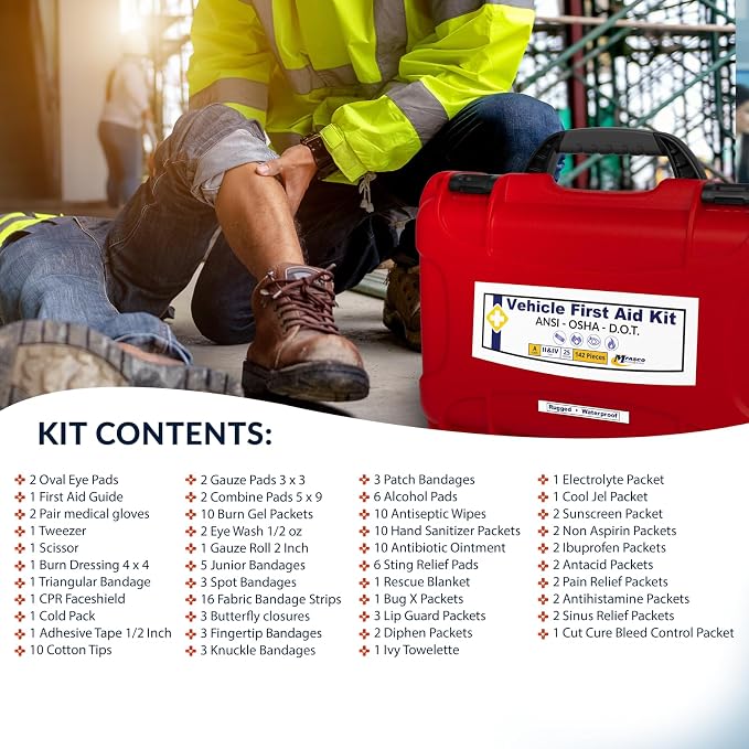 MFASCO Deluxe Class A First Aid Kit 909 Red | DOT, ANSI & OSHA Approved, Packed in a Rugged, Waterproof, Indestructible Case, Compartmental Bag, Durable, Red Plastic Kit, OSHA Type II & IV Container