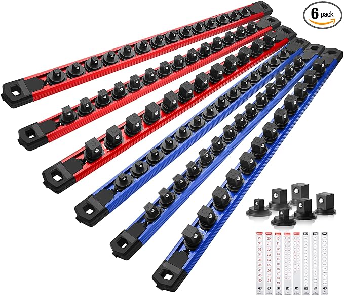 Reniteco Magnetic Socket Organizer Set, 6PC 1/2" 3/8" 1/4" Drive Aluminum Alloy Socket Holder with 80PC 360° Swivel Removable Clips, Magnetic Socket Rail for Tool Box Drawer, Red&Blue