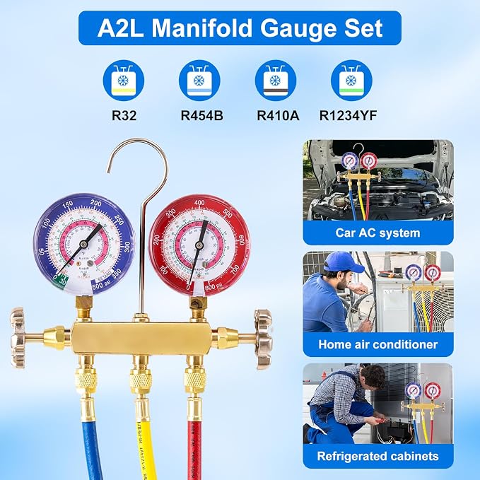 A2L Manifold Gauge Set, 3 Way AC Refrigerant Charging Hoses, R1234YF High and Low Quick Coupler with R1234YF Self-Sealing Can Tap, 5FT HVAC Manifold Gauge Hose Kit for R1234YF/R410A/R32/R454B/ system