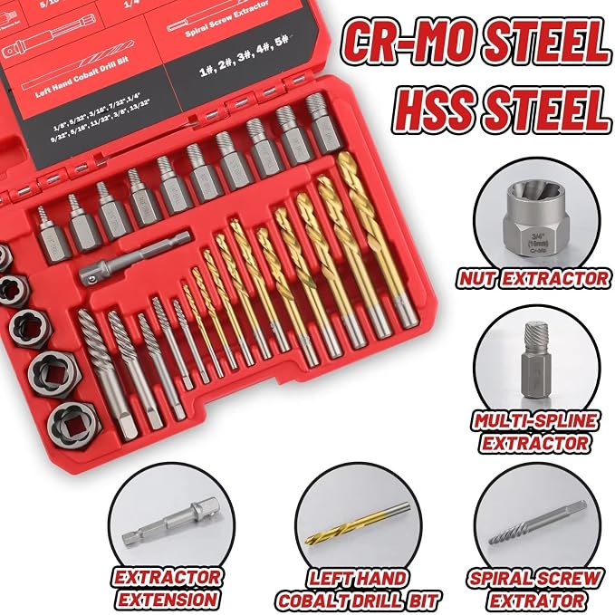 35 Pcs Spiral Screw Extractor Bolt Extractor Set, 6542/4341 HSS Left Handed Drill Bit Set, Easy Out Bolt Extractor Set for Removing Broken Stripped Screws Nuts with Solid Storage Case