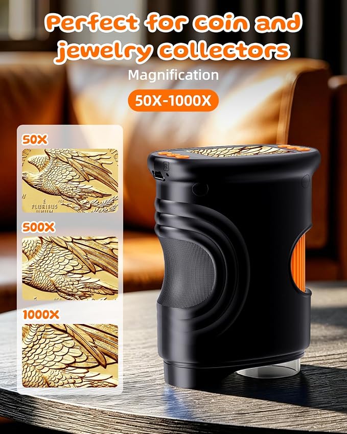 1000X Coin Microscope with Lights, Digital Handheld Coin Magnifier with 8 Adjustable LED Light, Portable Rechargeable Pocket Microscope Compatible with Windows/Mac, Black