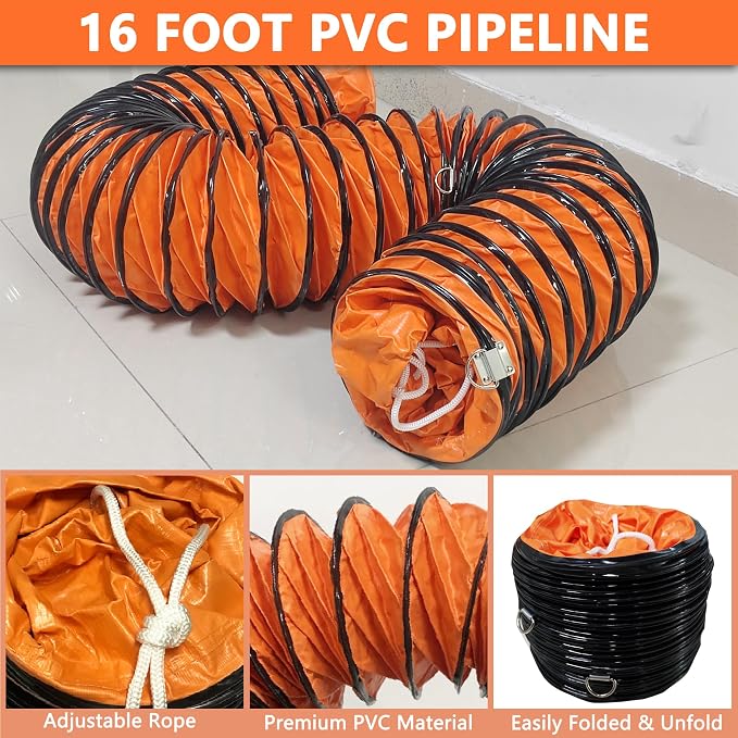 16FT Ducting Hose 14 Inch PVC Flexible Duct Hosing with Adjustable Rope for Utility Blower Exhaust Fan