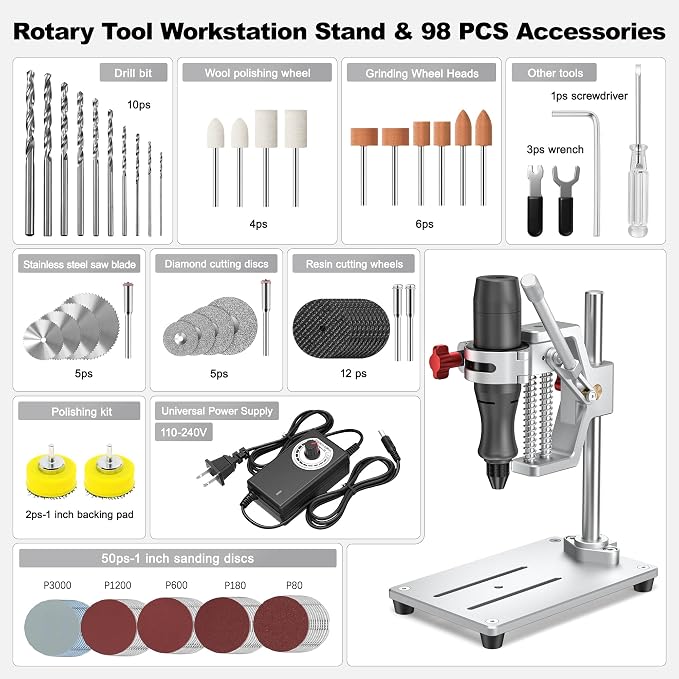 Mini Rotary Tool whit Drill Press -Rotary Tool Workstation Stand -Mini Portable Press & Tool Holder, 3-24V Regulated Power with 98 Accessories. Sanding, Cutting, Polishing, Drilling, DIY Crafts