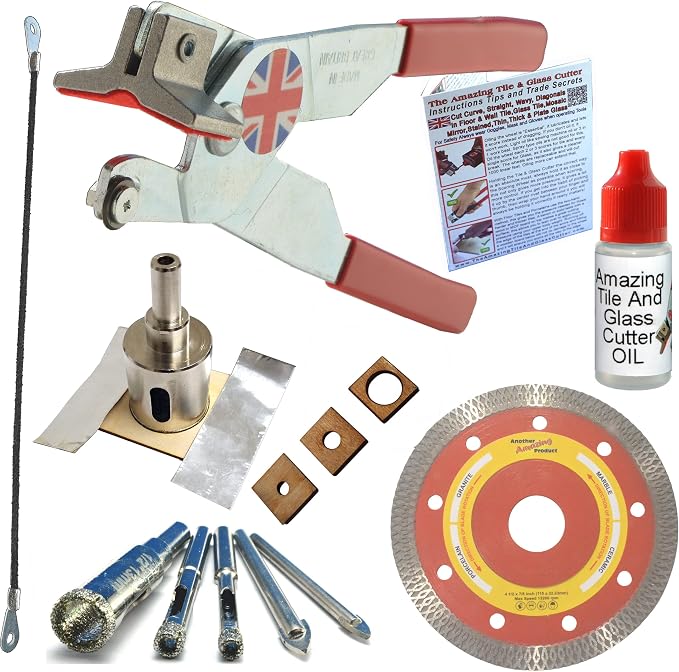 Tile Cutter Hand Tool Kit 3 Porcelain Drill Bits Ceramic Tile Drills Diamond Hole Saw for Tile Guides Carbide Hacksaw Blade Notching Tile Saw Diamond Tile Grinder Blade For Box Cut outs and Corner Cut