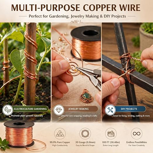 Therwen 100ft 20 Gauge Copper Wire for Gardening, Electroculture, Bonsai, Jewelry Making Beading DIY Craft Pure Bare Copper Wire Spool