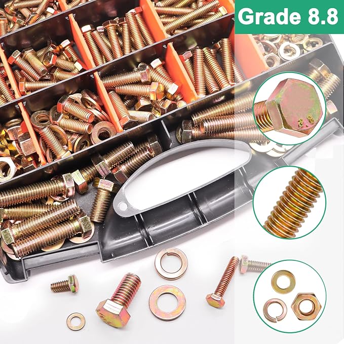 Twidec/808pcs Grade 8.8 Hex Head Nuts and Bolts Assortment Kit,SAE Bolt Assortment, 1/4-20 5/16-18 3/8-16 1/2-13 SAE Heavy Duty Bolts and Nuts Kit, Flat & Spring Lock Washer Gold Zinc Plating
