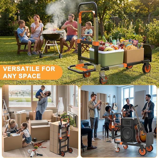 3-in-1 Folding Hand Trucks, 500lbs Convertible Dolly, Dolly Cart with Wheels Heavy Duty, Moving Cart with Retractable Handle, Collapsible Trolley for Moving Office/Home/Warehouse/Boxes/Carton (Orange)