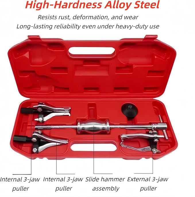 RQG 3 Jaw Slide Hammer Bearing Puller Set, Universal Internal External Bearing Gear Puller Set, Alloy Steel Pulley Wheel Bearing Removal Tool Set with Storage Case