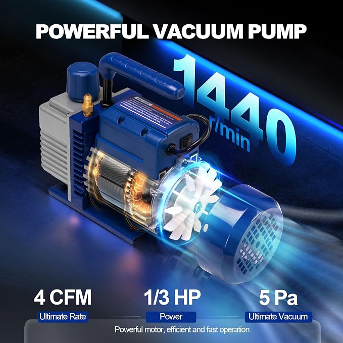 4CFM 1/3 HP Single Stage Rotary Vane AC Air Conditioning Vacuum Pump Kit with Manifold Gauge Set Hoses and Leak Dectactor for HVAC Automotive and Household Refrigeration Systems