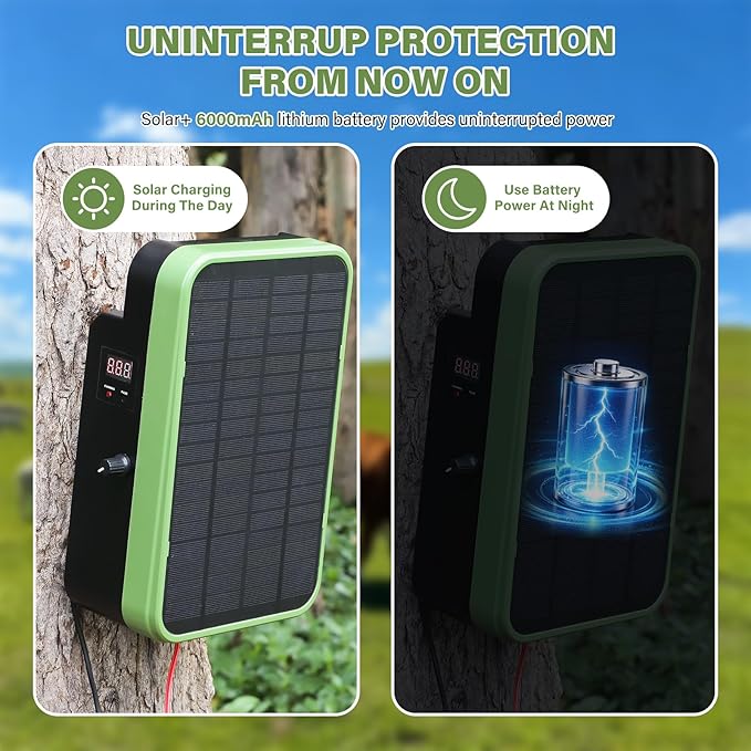 Solar Powered Electric Fence Charger, Energizer with Stand, Adjustable 5kV-9kV Output, 6000mAh Battery, 5.5W Solar Panel Perfect for Farms Gardens Orchards, Keeps Livestock Safe from Wildlife