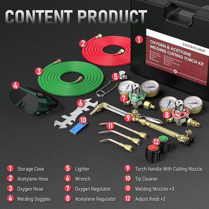 YESWELDER Oxygen & Acetylene Torch Kit, Welding Cutting Torch Kit, Gas Cutting Torch with Regulator Nozzles Hose Goggles