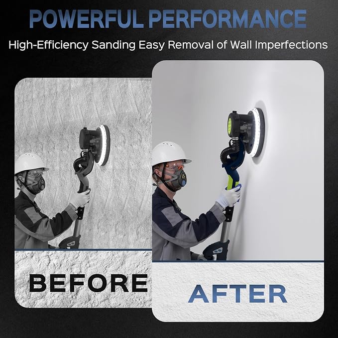 Drywall Sander, 2026 Upgraded 8-Amp Popcorn Ceiling Removal Tool with 7 Variable Speed 800-1800RPM, Drywall Sander with Vacuum Dust Collector with LED Light, Extendable Handle,12pcs Sanding Discs,Blue