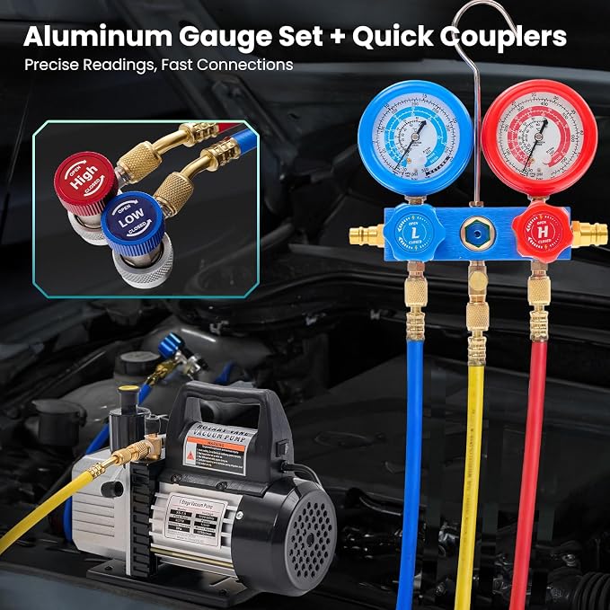NEWBULIG 4CFM Single Stage Vacuum Pump 110V, with R134a AC Manifold Gauge Set & Leak Detector - Complete Kit for HVAC Air Conditioning Service, Refrigerant Recharging and Recovery