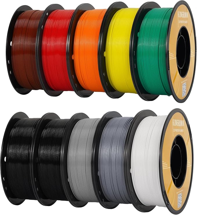 Kingroon 3D Printer Rapid PETG Filament 1.75mm,Dimensional Accuracy +/- 0.03 mm,1kg/Spool(2.2lbs),10 Spools PETG Filament Bundle-2×Black+1×White+1×Gray+1×Yellow+1×Silver+1×Brown+1×Red+1×Orange+1×Green