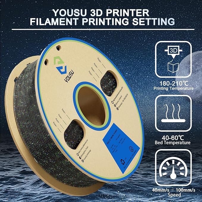 YOUSU 3D Printer Filament PLA Filament 1.75mm Laser Paillette Series-Galaxy Black Filament 1kg(2.2lbs).