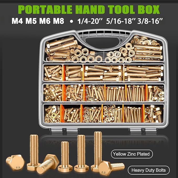Twidec/680PCS Metric＆SAE Bolt Assortment,Grade 8.8 Hex Head Bolts and Nuts Assortment Kit, M4 M5 M6 M8 1/4-20 5/16-18 3/8-16 Heavy Duty Nuts and Bolts Kit Gold Zinc Plating With Storage Case
