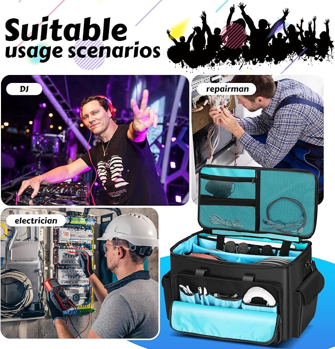 DJ Cable Bag, Rolling DJ Cable Bag with Detachable Trolley & Dividers | Large Capacity Gig Bag with Laptop Compartment, Professional Organizer Bag for Cables, Microphones, and DJ Equipment