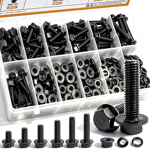 mankk 248PCS Metric Flange Hex Bolts and Nuts Kit M6x1.0 Bolt (12mm to 35mm) Grade 10.9 Black Alloy Steel Class Hex Bolts and Nuts Washers Kit for Automotive