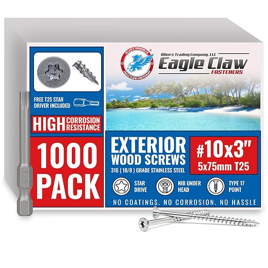 Allen's Trading Co. #10 x 3 Inch 316 Stainless Steel Screws Marine Grade (1000 Pack, T25 Star) | Stainless Steel Wood Screws w/Driver Bit | High Corrosion Resistance for Coastal Construction