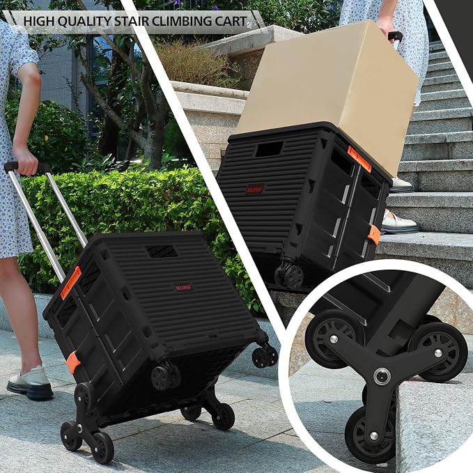 Foldable Utility Cart Collapsible Crate Rolling Carts with Stair Climbing Wheels Rolling Tote Basket Teacher Cart with Lid Wear-Resistant 360°Rotate Wheel Noiseless for Moving Office-Black
