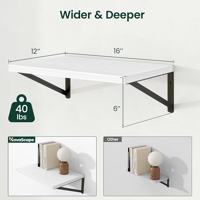 Floating Shelves 12 Inch Deep, 16W x 12D Wall Shelf Set of 2, 35 lbs Heavy Duty Reversible Metal Brackets, Deep Industrial Book Shelf for Living Room Kitchen Bath Bedroom Coffee Bar, White