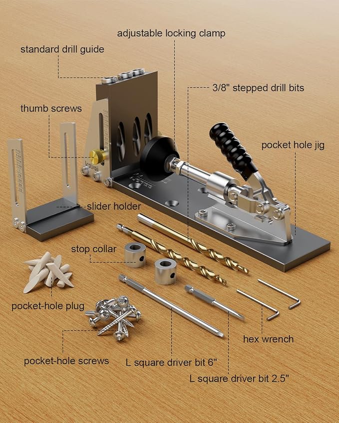 Kolvoii Pocket Hole Jig, Professional Adjustable Pocket Screw Jig for Strong Joints, Versatile Drill Guide Jig for Materials 1/2" to 3 1/8" Thickness with Storage Case