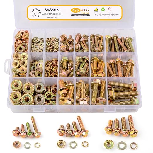 476pcs Class 8.8 Metric Flange Bolts Assortment Kit, M5, M6, M8, Metric Bolts and Nuts Assortment, Hex Bolt and Nut Washers Kit, Yellow Zinc Plated