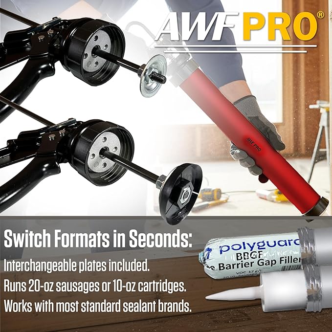 AWF PRO Sausage Caulking Gun, 20 oz Foil Pack and 10 oz Cartridge Convertible, 25:1 Thrust Ratio, Aluminum Barrel, Includes 3 Tips, Pack of 6