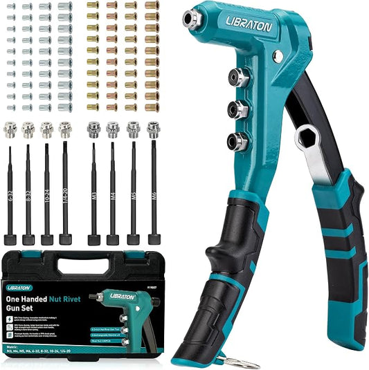 LIBRATON 9.5" Rivet Nut Tool, One-Handed Rivet Nut Gun, Hand Rivet Nut Tool Kit with 80PCS Threaded Rivet Nuts, 8PCS Interchangeable Mandrels, Metric M3-M6, SAE 6-32" to 1/4-20", with Carrying Case