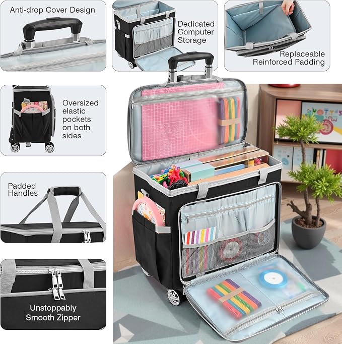 Rolling Teacher Tote Bag with Wheels, Heavy Duty Wheeled Craft Organizer Bag, Portable Art Scrapbook Storage Cart, Travel Office Carry Tote for Women Teachers Craft Supplies Storage Black