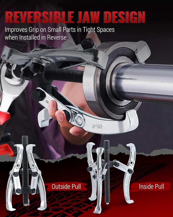 Reywoo Gear Puller Set, 3" 4" 6" 8" Bearing Puller Kit for Pulley Gear Bearing Flywheel Removal, Cr-V Steel 2 Jaw & 3 Jaw Gear Puller with Reversible Jaws