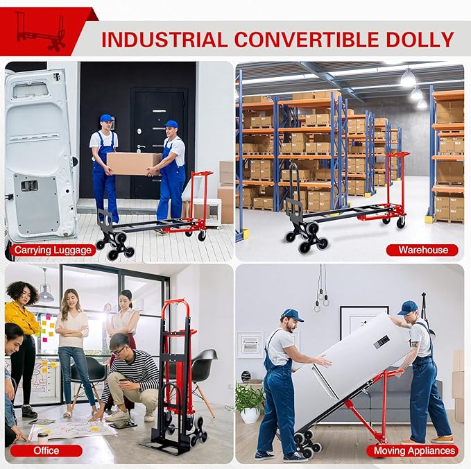 3 in 1 Industrial Convertible Hand Truck Dolly,1000 LBS Capacity Stair Dolly,Stair Climbing Hand Trucks Heavy Duty with Solid Wheels for Moving,Transport in Warehouses,Factory(Red)