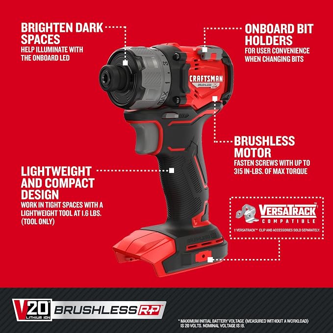 CRAFTSMAN V20 Cordless Screwdriver, Bare Tool Only (CMCF610B)