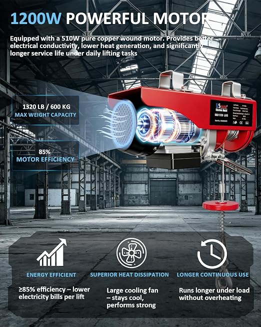 1320 lbs Electric Hoist with 14.1 ft Wired Control,110V Electric Winch with Emergency Stop Switch,Zinc-Plated Steel Wire Hoist,Material Handling Tool for Warehouse,Garage,Factory,Attic