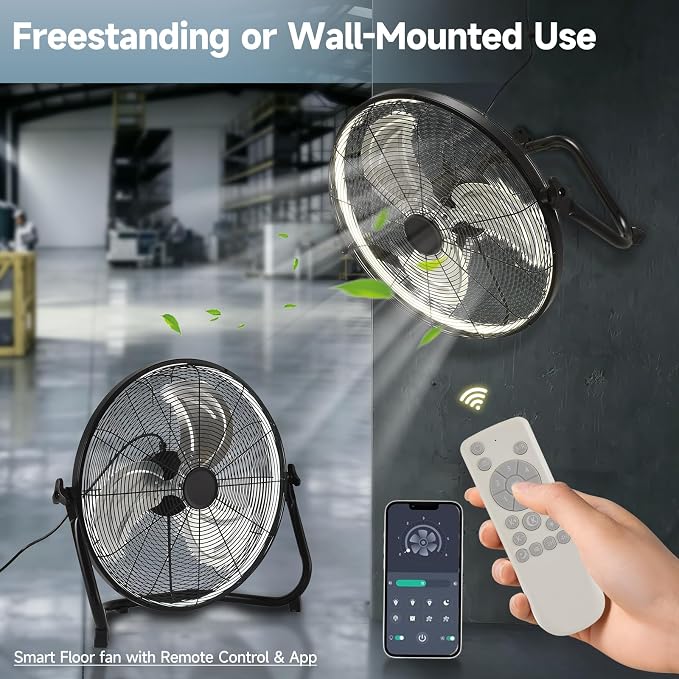 AHAWILL 16" High Velocity Metal Floor Fan with Light,6-Speed Plug-in Fan with Remote & APP,Industrial Fan with Rear Buttons,360° Tilt & 3CCT,Wall Mountable,Anti-Vibration for Garage,Warehouse,Shop,Gym