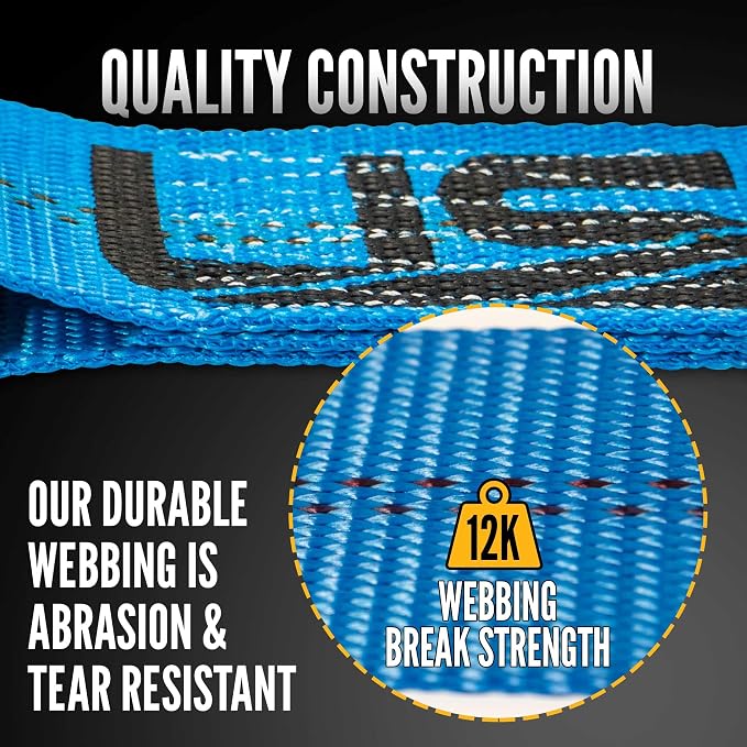 US Cargo Control 2 Inch Wide x 18 Foot Long Ratchet Strap with J Hooks, Blue Weather Resistant Webbing, 3,333 Pound Working Load Limit, 4 Pack