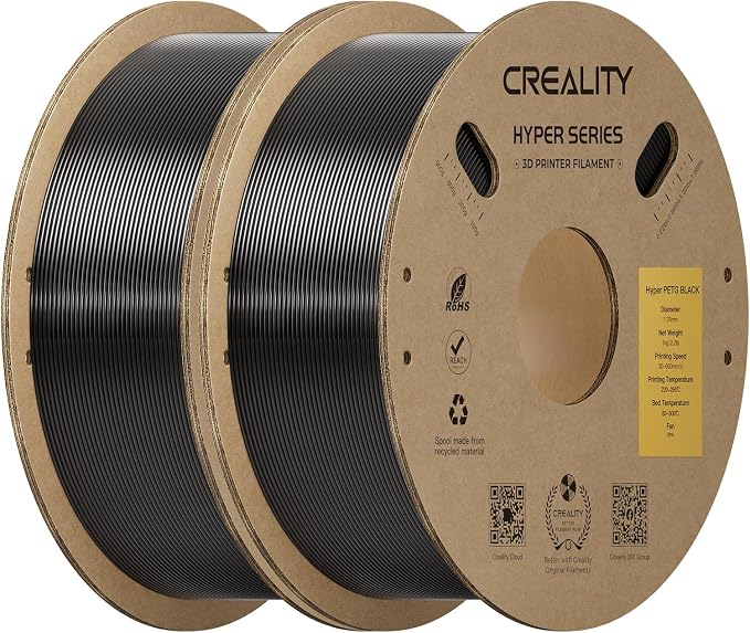 Creality Hyper PETG Filament 1.75mm Bundle 2KG, High-Speed PETG for 30–600mm/s Printing, Low Stringing, Strong Layer Adhesion, +/- 0.03mm Accuracy,Fits for Most FDM 3D Printers(Black 2-Pack)