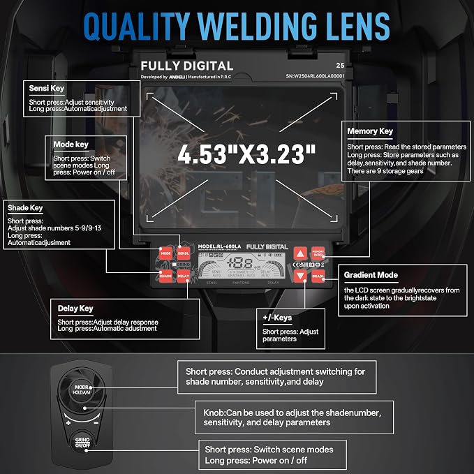 ANDELI Digitally Controlled Lens Auto Darkening Welding Helmet Panoramic View&Protective Welding Cap Fireproof Cotton