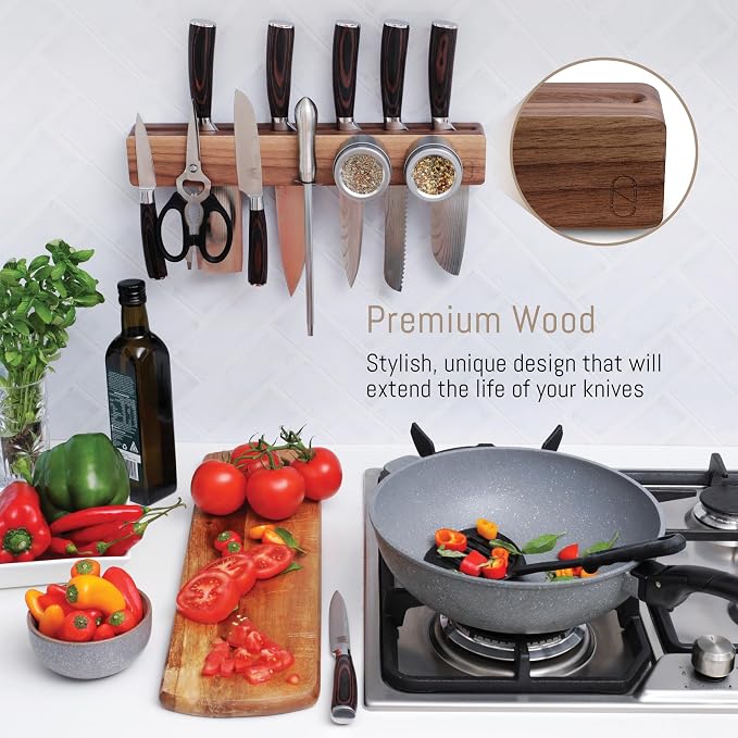 Walnut 16 inch Magnetic Knife Holder for Wall with 2x Storage & Charming Wood - Knife Magnetic Strip, Under Cabinet Magnet Knives Storage - Magnet Strip Rack Kitchen Utensil Holder Organizer Tool