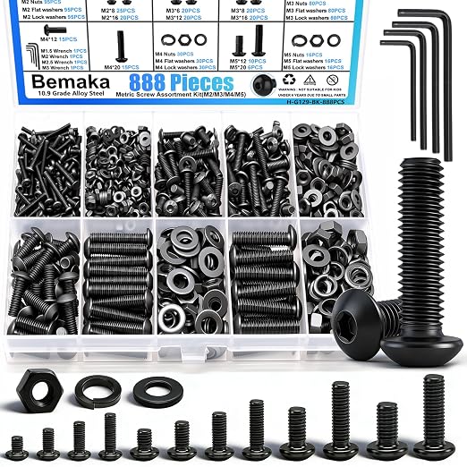 888PCS Metric Screw Assortment Kit, M2 M3 M4 M5 Metric Bolt Assortment, Button Head Socket Cap Screws Bolts Nuts Washers Kit, 10.9 Grade Alloy Steel Machine Screws for 3D Printing